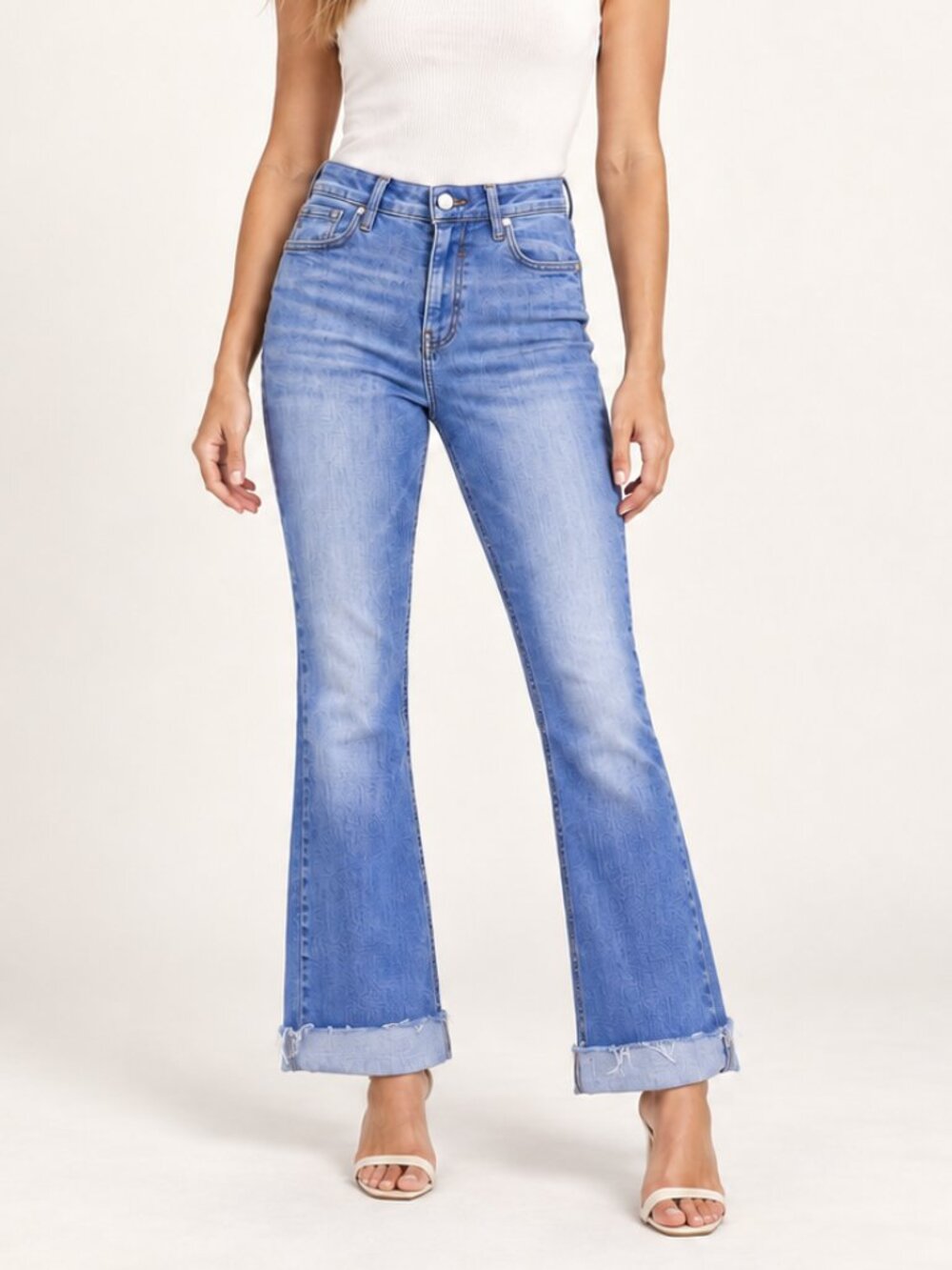 River Island Petite Size 6 Light Wash Raw Hem Cuffed Slim Flare Jeans